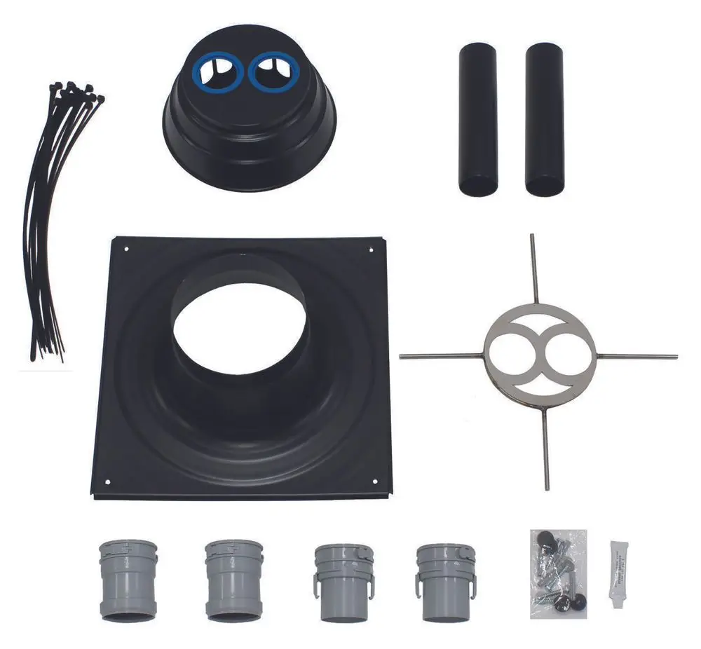 Vaillant Set bestehend aus einem Element für flexible Abgasleitungen, einer Grundplatte, mehreren Rohren, Halterungen und Montagematerial.